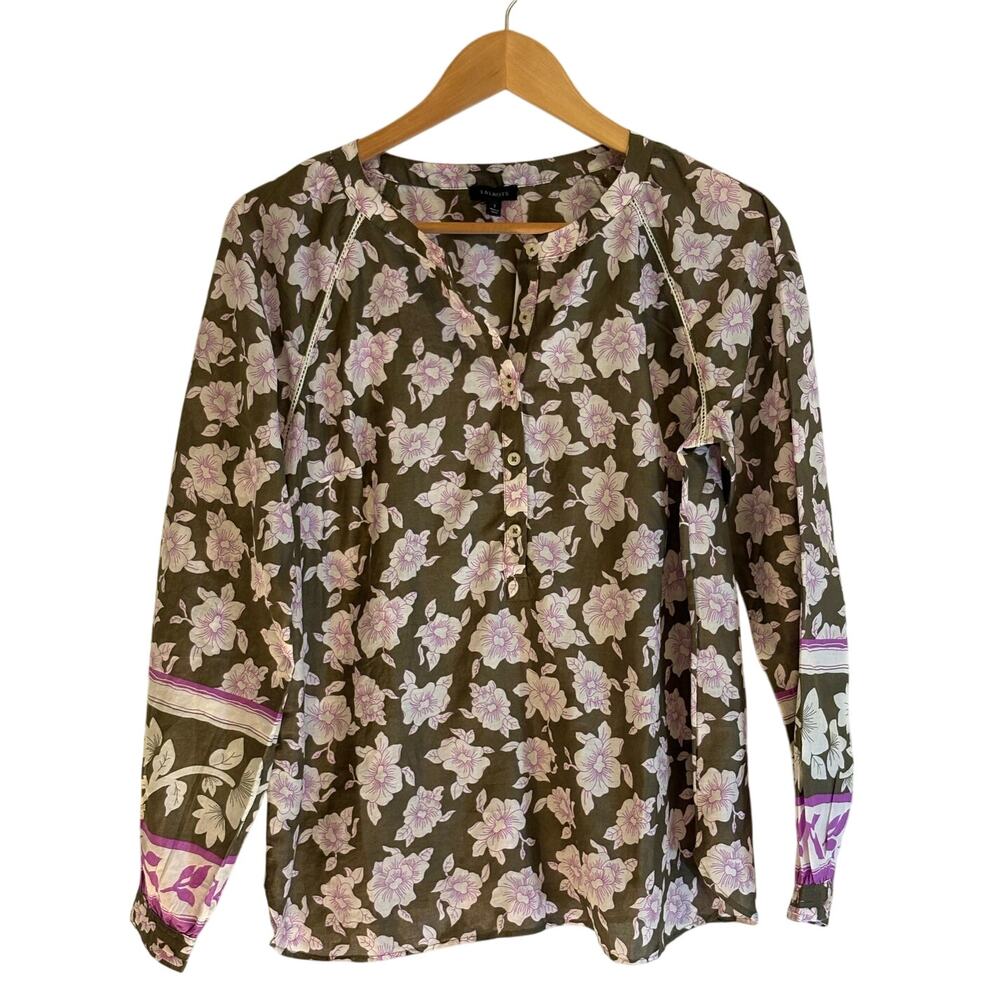 Talbots Womens Small Floral Print Blouse Olive Green Purple‎ Henley Top NWT
